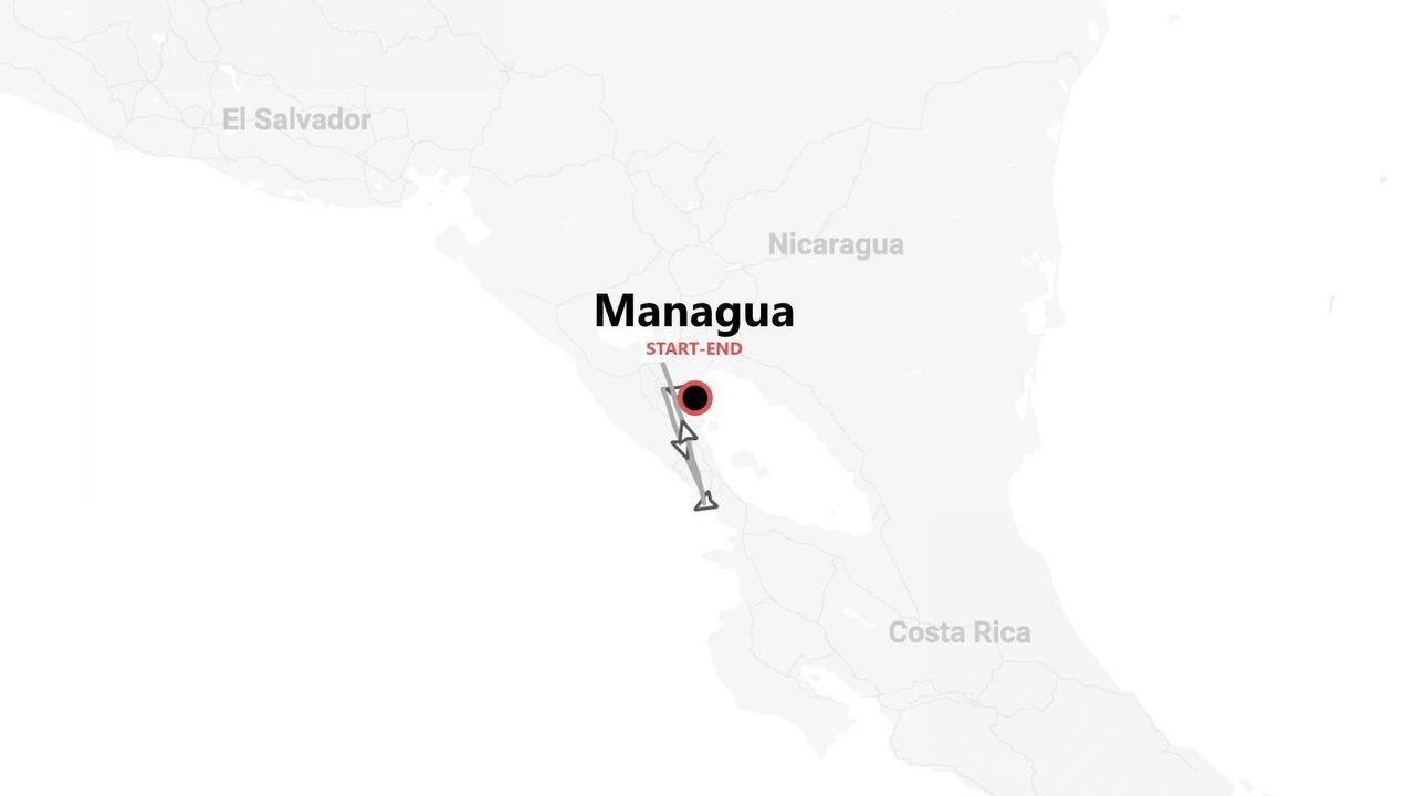 Travel route map of Nicaragua showing an itinerary starting and ending in Managua with travel stops along the coast.