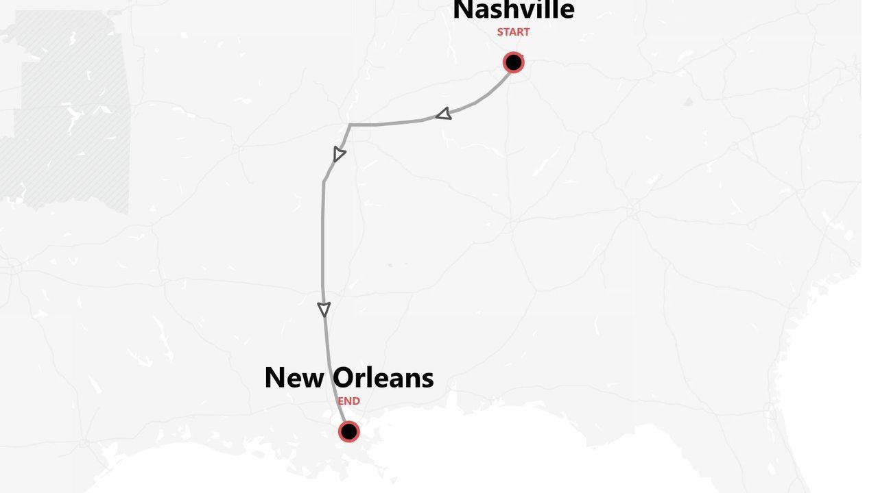 Travel route map showing a directional path starting in Nashville and ending in New Orleans.
