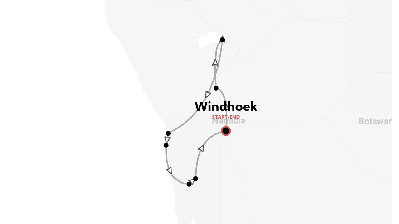 Mappa dell'itinerario di viaggio della Namibia con partenza e arrivo a Windhoek, tappe evidenziate e frecce direzionali.