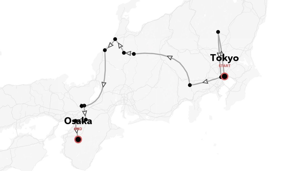 Mappa dell'itinerario di viaggio in Giappone con partenza da Tokyo e arrivo a Osaka e tappe intermedie
