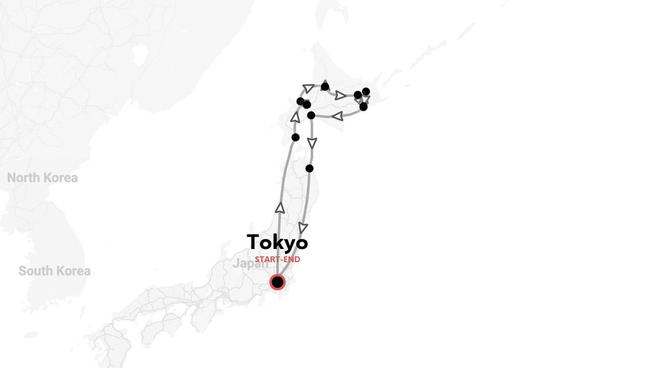 Mappa dell'itinerario di viaggio in Giappone con partenza e arrivo a Tokyo e giro attraverso le regioni settentrionali