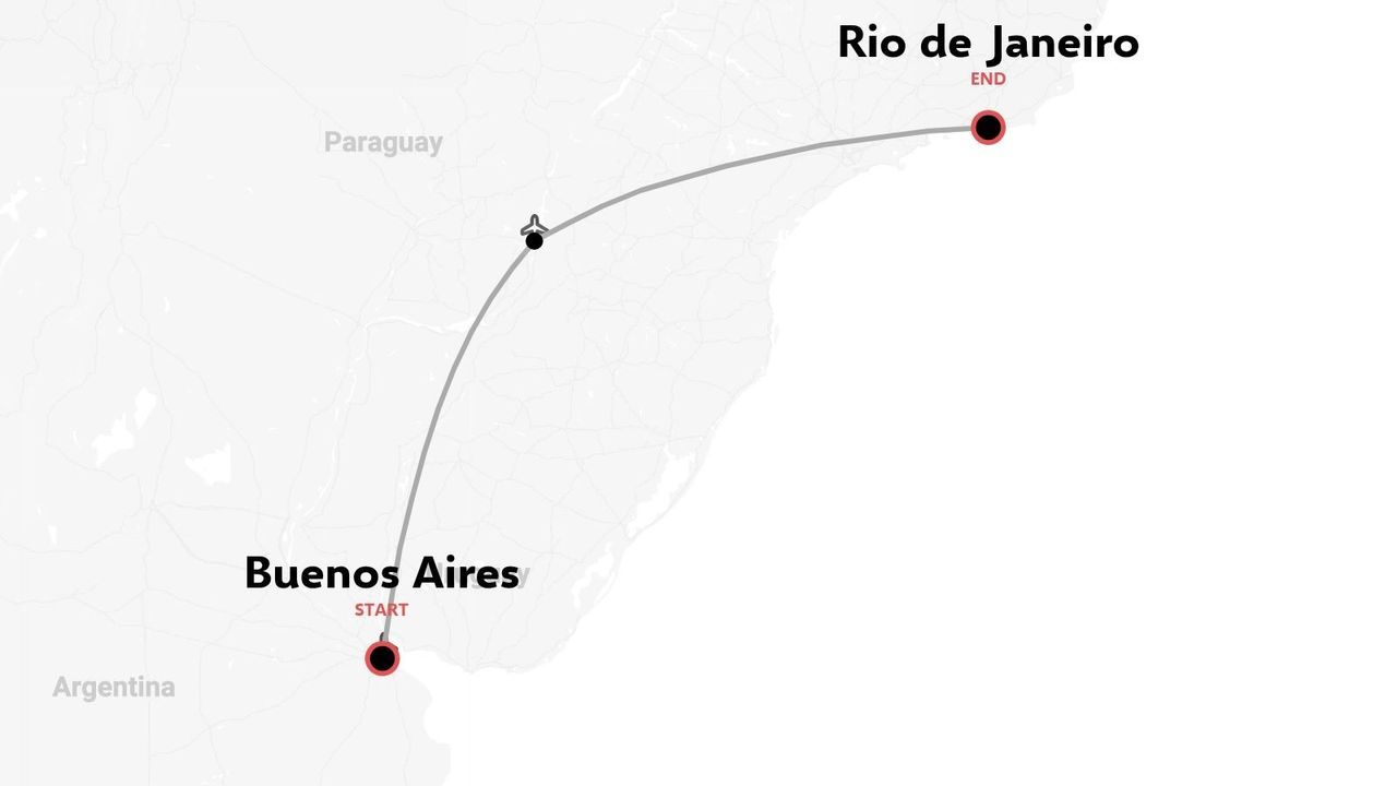 Una rotta di volo con partenza da Buenos Aires, in Argentina, e arrivo a Rio de Janeiro.