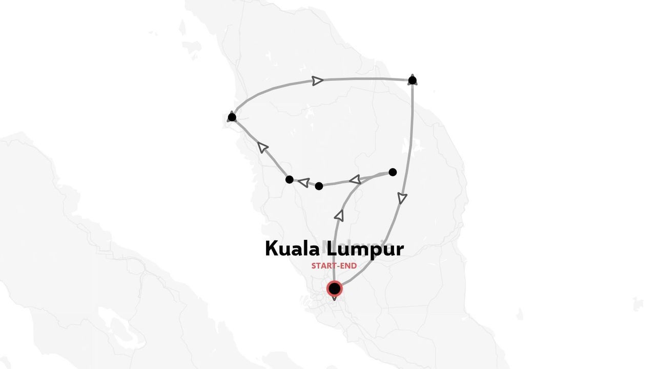 Una mappa che mostra un itinerario di viaggio circolare attraverso la Malesia peninsulare con partenza e arrivo a Kuala Lumpur.