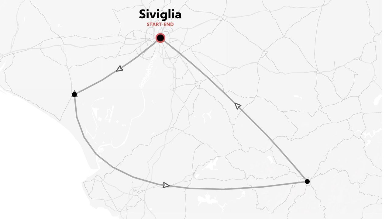 Un itinerario di viaggio con mappa che inizia e finisce a Siviglia con frecce direzionali che collegano tre punti principali
