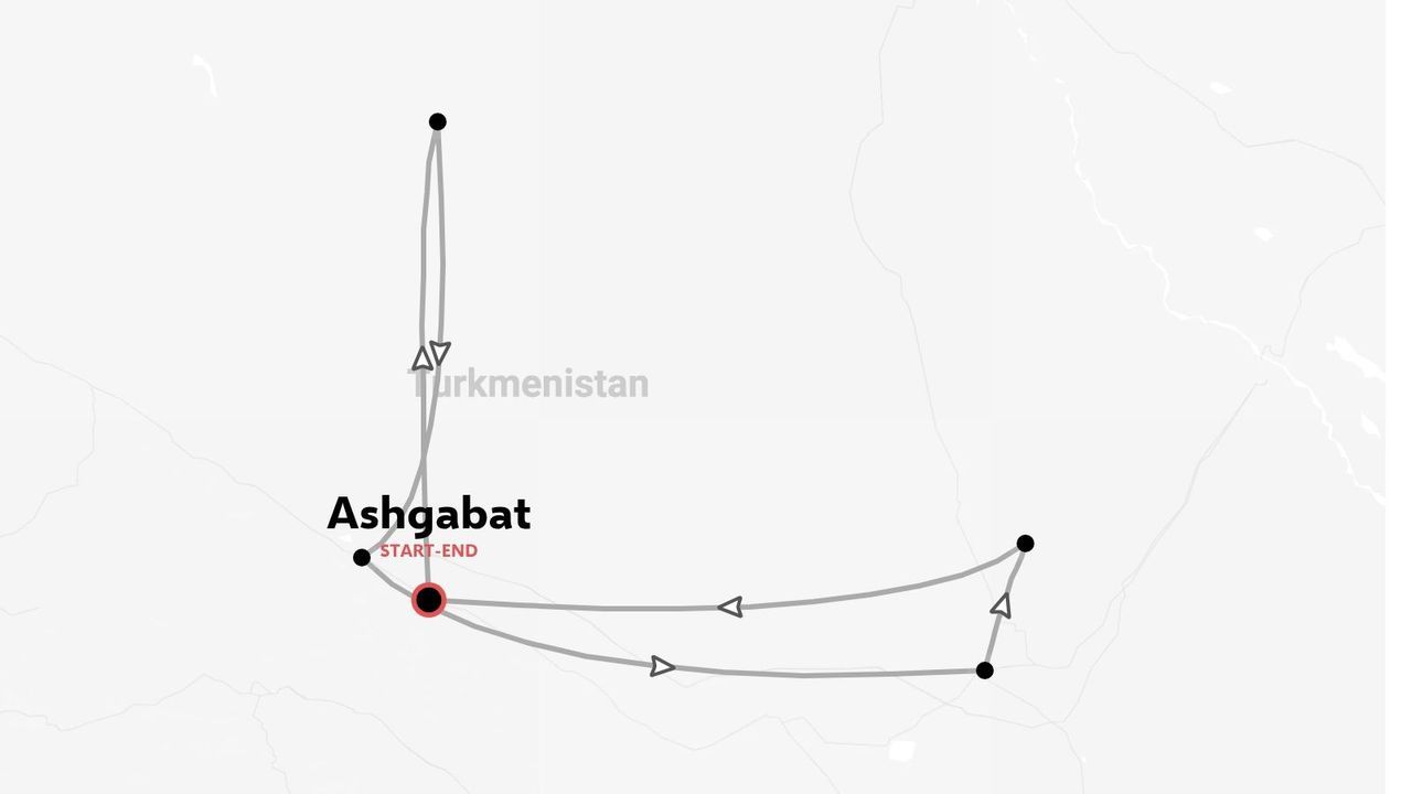 Mappa dell'itinerario di viaggio del Turkmenistan con un percorso che inizia e finisce ad Aşgabat e prevede diverse tappe.