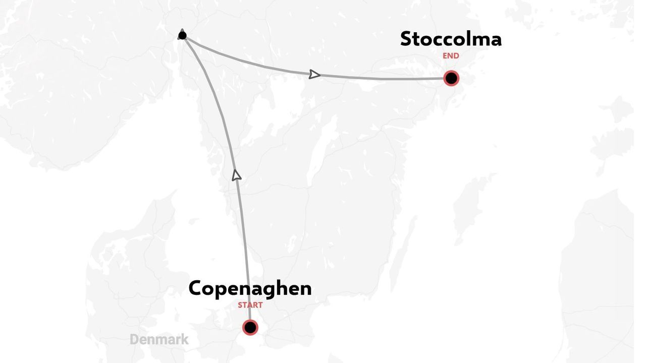 Mappa dell'itinerario di viaggio che mostra un percorso che inizia a Copenaghen, in Danimarca, si dirige a nord e termina a Stoccolma