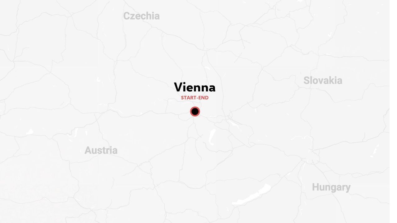 Un mapa de viajes de Europa Central que destaca Viena, Austria, marcada como el punto de destino de inicio y fin.