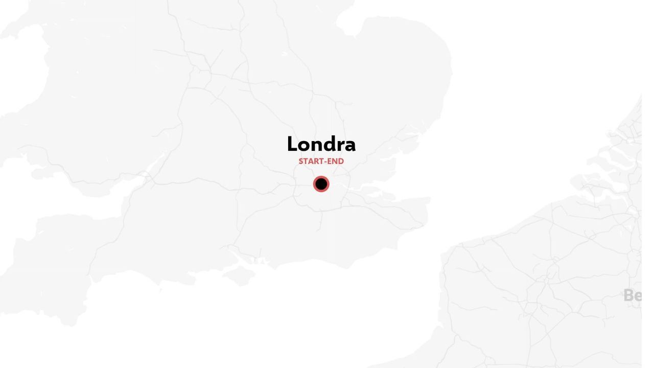 Una mappa del Regno Unito che segna Londra con un punto rosso come punto di partenza e di arrivo.
