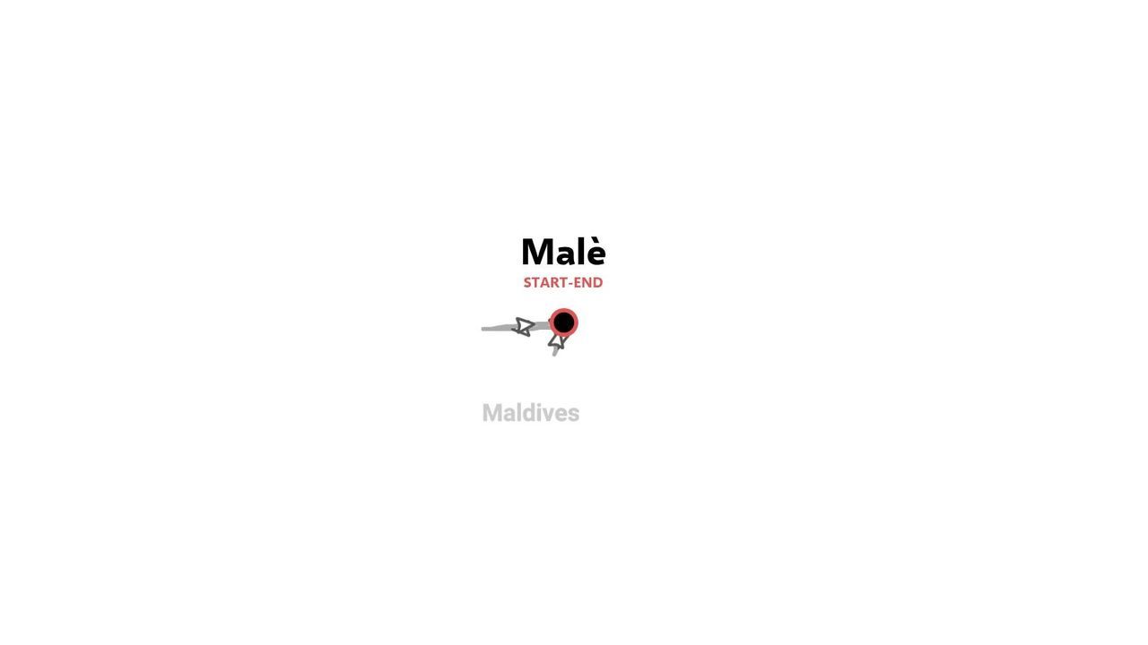 Una mappa di viaggio che mostra la destinazione di partenza e di arrivo segnata a Malè alle Maldive