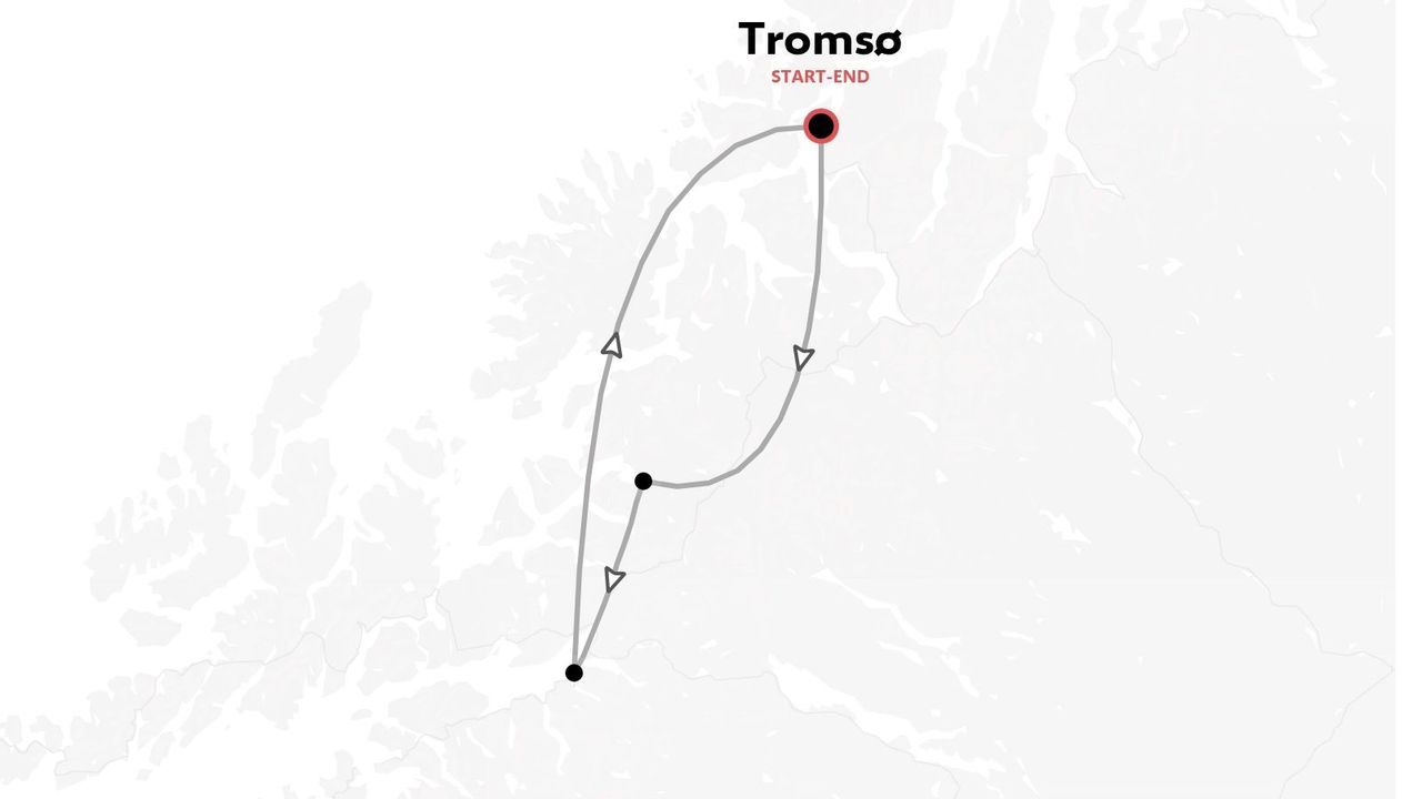 Itinéraire de voyage au départ et à l'arrivée de Tromsø avec des arrêts marqués sur un circuit en boucle.