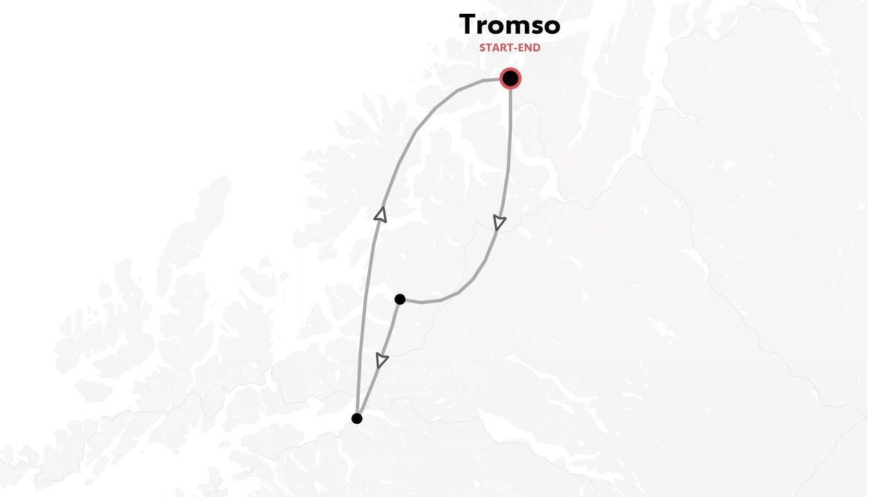 Mappa del percorso di viaggio che mostra un itinerario circolare con partenza e arrivo a Tromso e frecce direzionali.