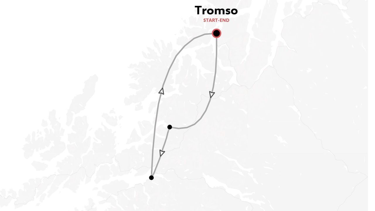 Mapa de ruta de viaje que muestra un itinerario circular con Tromso marcado como destino de inicio y fin.