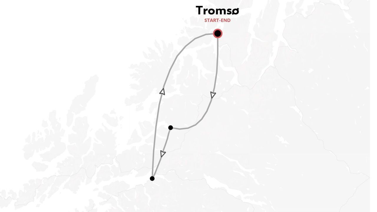 Eine Reisepasskarte mit einer Rundreise, die in Tromsø beginnt und endet.