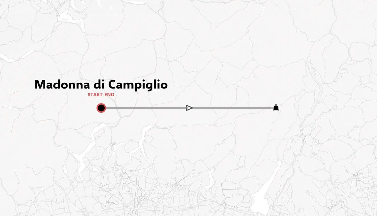 Una mappa di itinerario di viaggio che mostra un percorso lineare con partenza e arrivo a Madonna di Campiglio