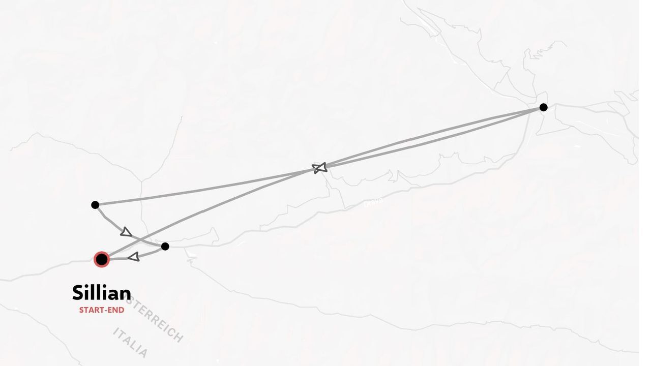 Una ruta de itinerario de viaje que comienza y termina en Sillian a través de la frontera entre Austria e Italia.