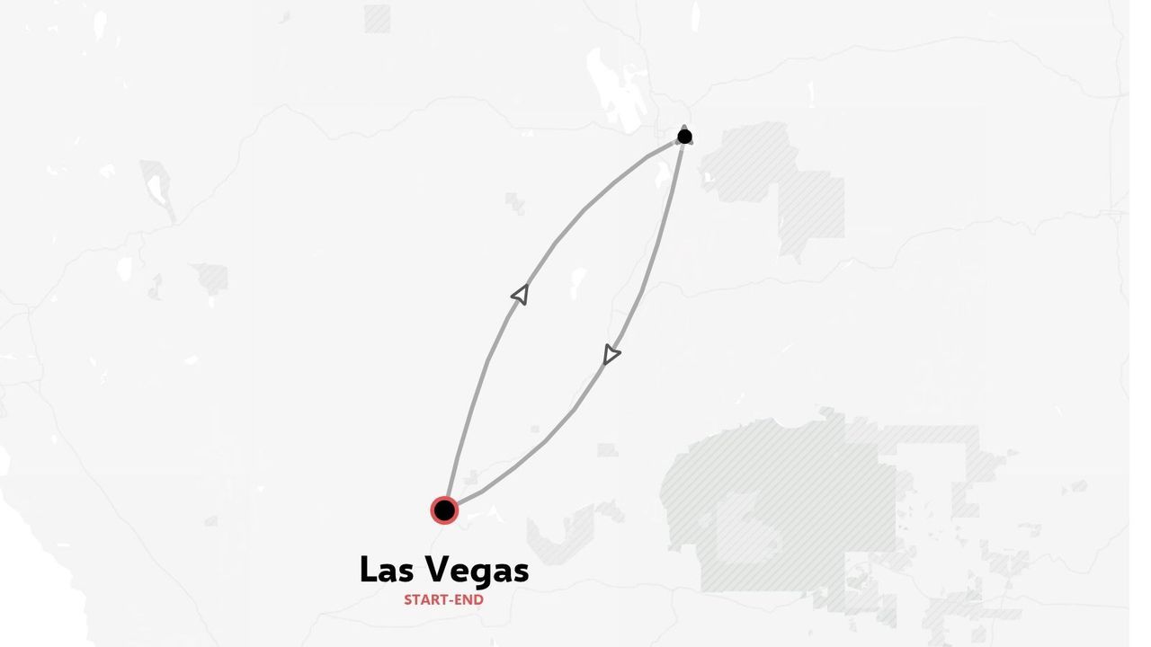Un mapa de ruta de viaje que muestra un circuito de ida y vuelta que empieza y termina en Las Vegas.