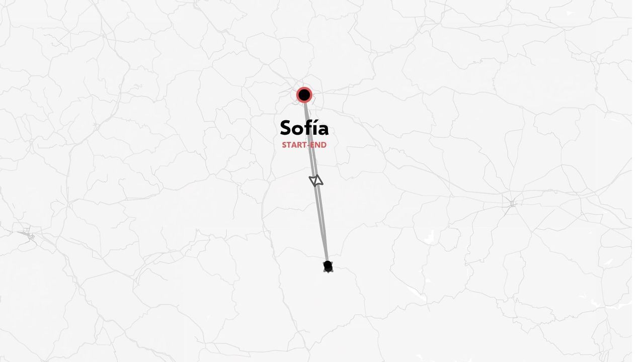 Un mapa de ruta de viaje que muestra un itinerario que comienza y termina en Sofía.