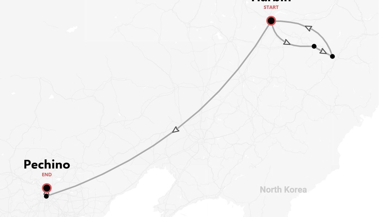 Una mappa dell'itinerario di viaggio che mostra un viaggio che inizia con un anello intorno a Harbin e termina a Pechino.