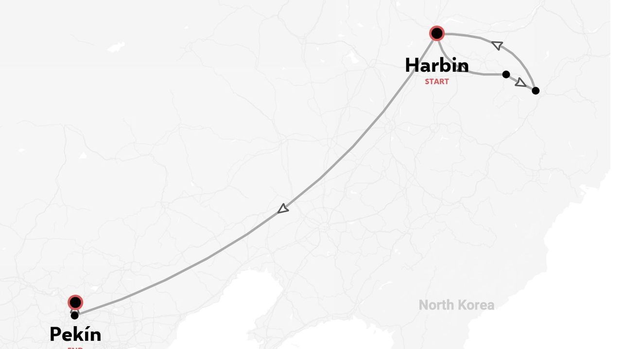 Un mapa de ruta de viaje que muestra un camino que comienza en Harbin y termina en Pekín con flechas de dirección
