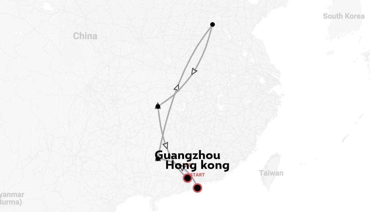 Un mapa de ruta de viaje por China con líneas direccionales que conectan Guangzhou, Hong Kong y otros destinos