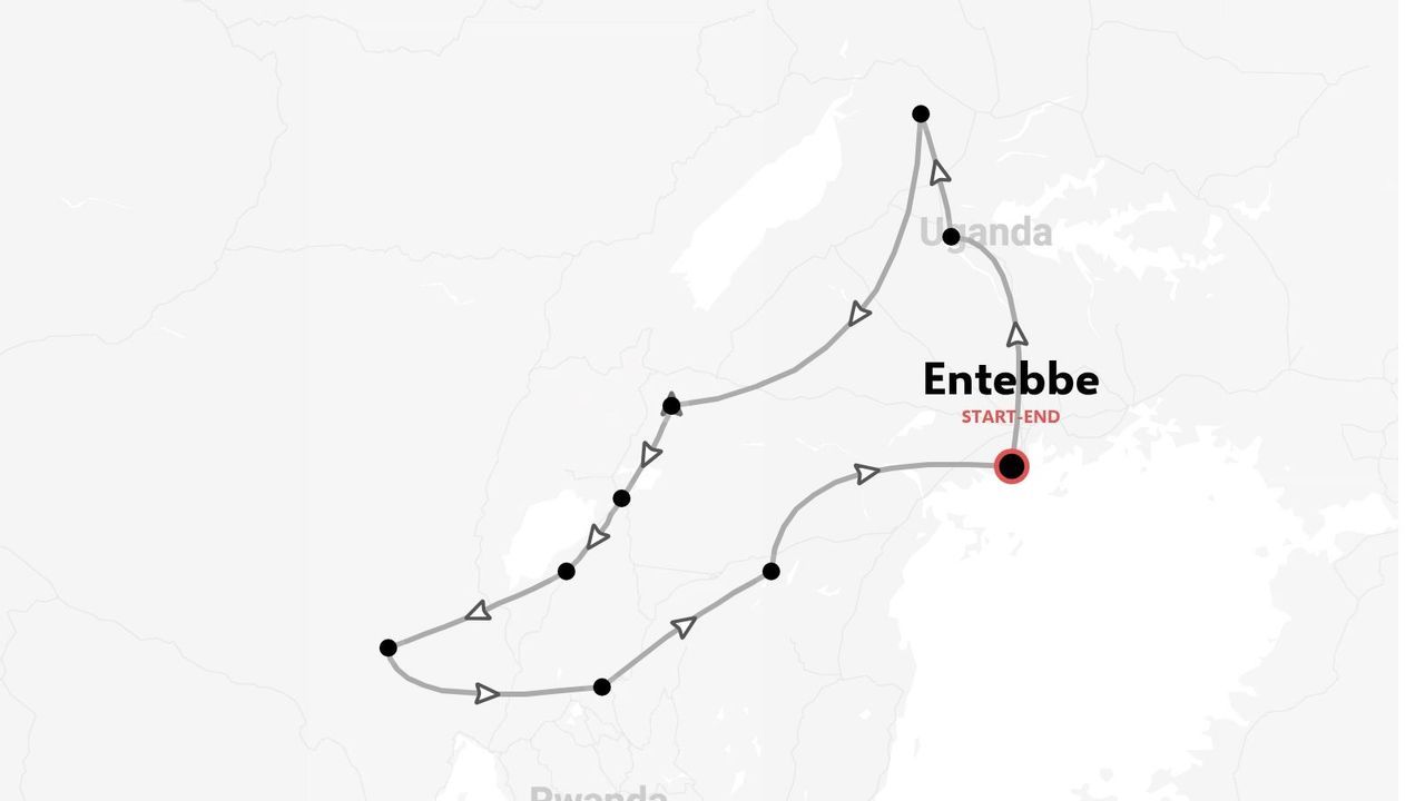 Mappa dell'itinerario di viaggio in Uganda che mostra un percorso ad anello con partenza e arrivo a Entebbe