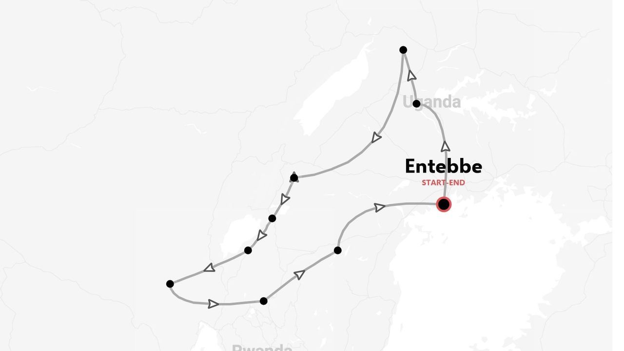 Un mapa de itinerario de viaje de Uganda que muestra una ruta circular con puntos de parada, comenzando y terminando en Entebbe.