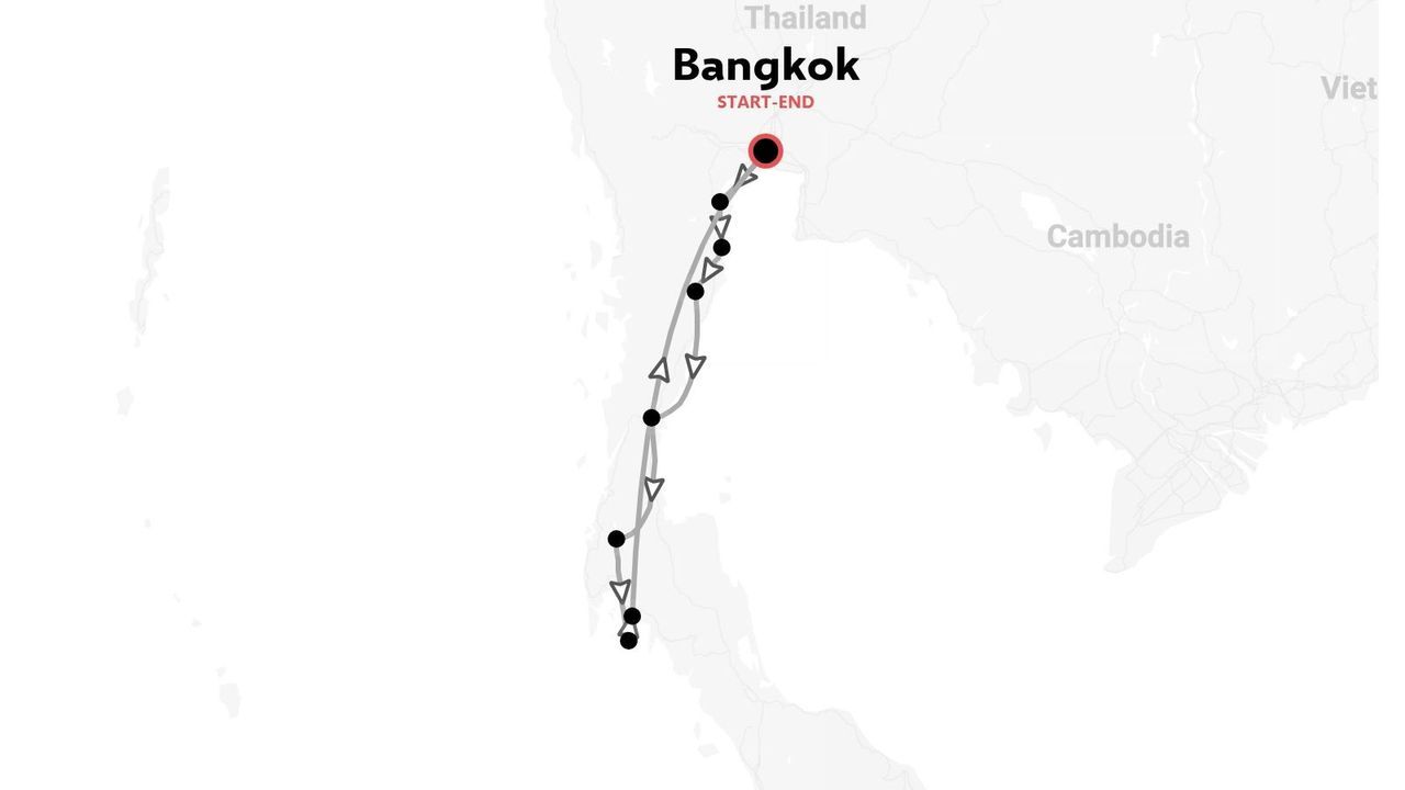 Mappa dell'itinerario di viaggio della Thailandia che mostra un viaggio di andata e ritorno con partenza e arrivo a Bangkok e fermate lungo la penisola meridionale