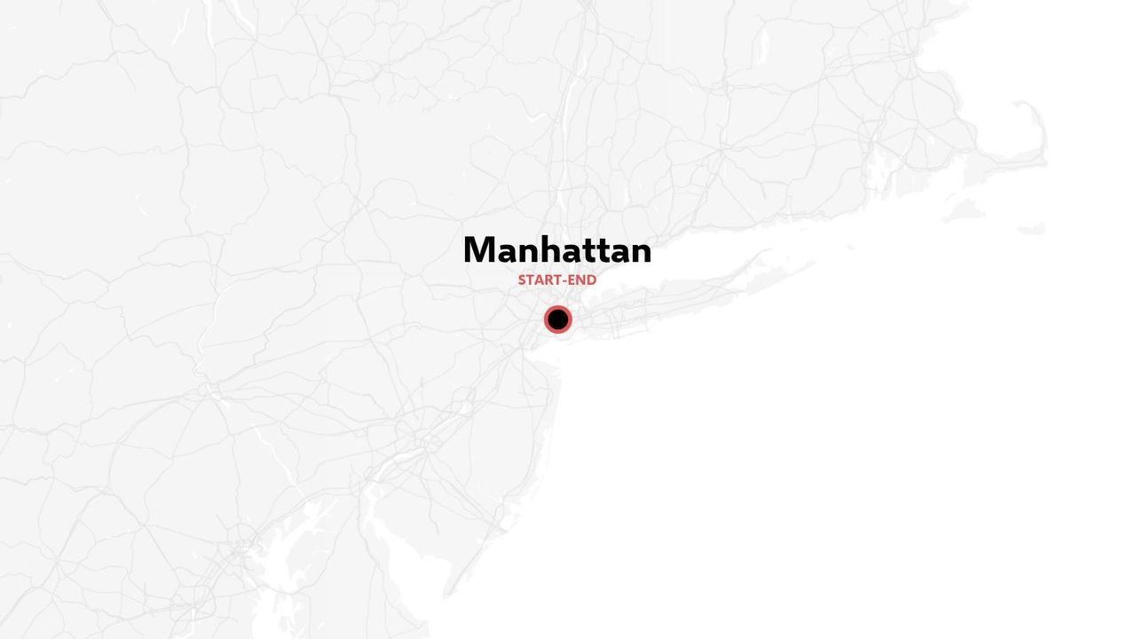 Una mappa dei percorsi grigio chiaro che segna Manhattan come punto di partenza e di arrivo con un indicatore a cerchio nero e rosso.