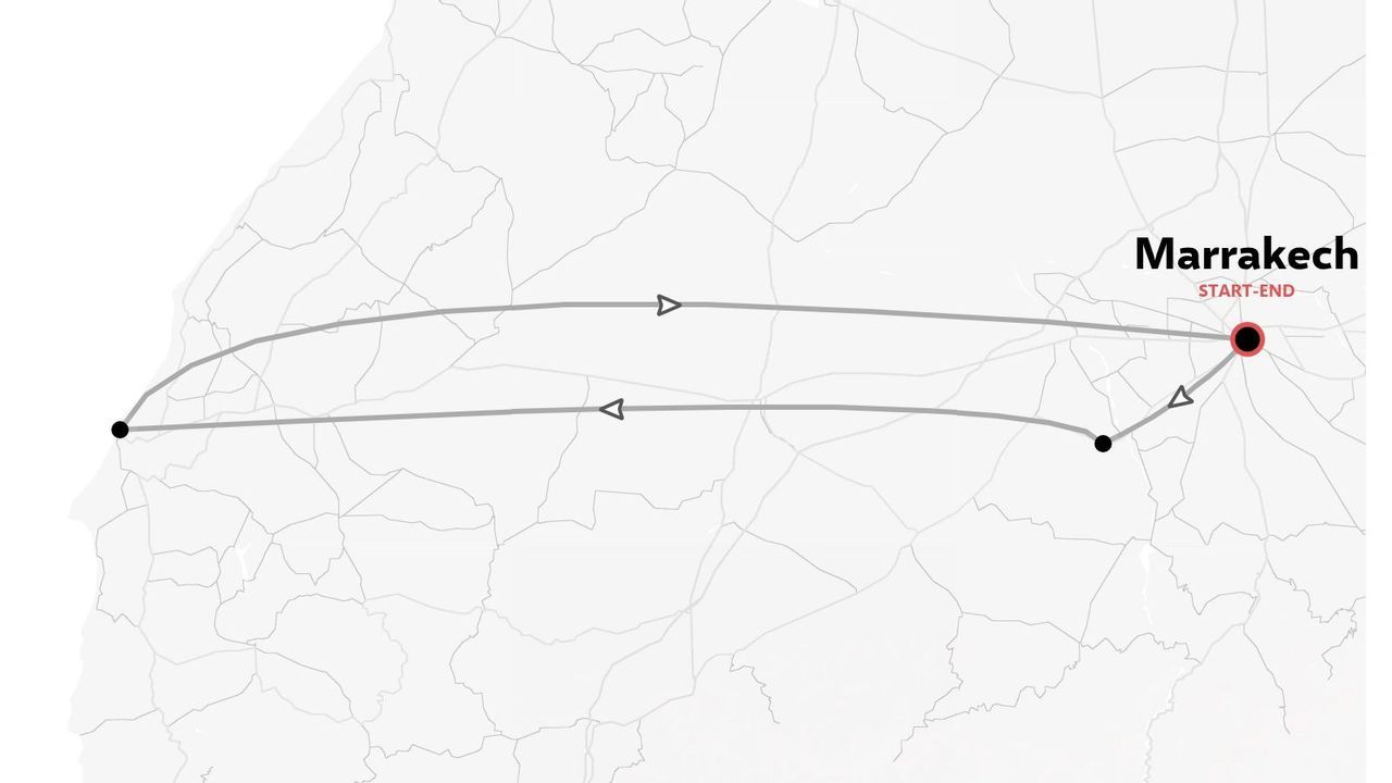 Una mappa dell'itinerario di viaggio che mostra un percorso ad anello con partenza e arrivo a Marrakech.