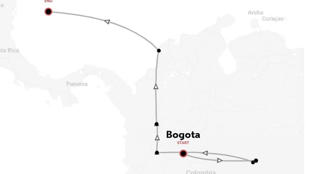 Una mappa del percorso di viaggio che mostra un itinerario con partenza da Bogotà, in Colombia, e direzione verso nord.