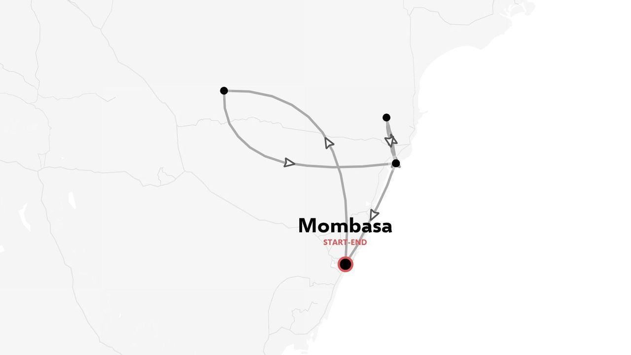 Una mappa che mostra un itinerario di viaggio con frecce direzionali, con partenza e arrivo a Mombasa.