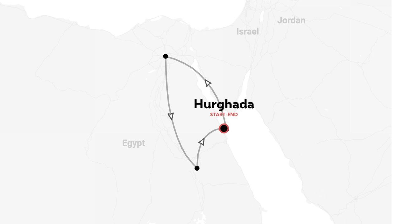 Un itinerario di viaggio in Egitto con un percorso circolare che inizia e finisce a Hurghada.