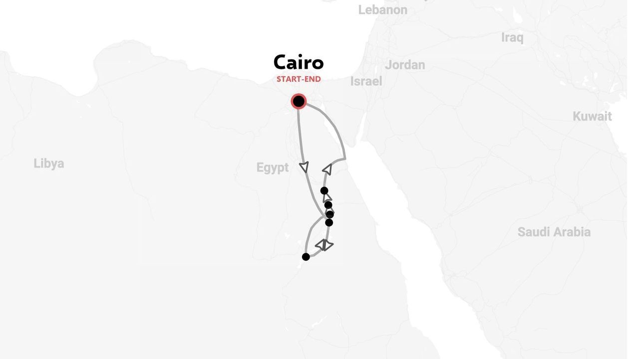 Mappa dell'itinerario di viaggio in Egitto con punto di partenza e arrivo al Cairo e diverse tappe lungo il fiume Nilo