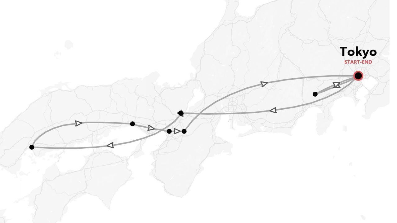 Una mappa dell'itinerario di viaggio in Giappone con diverse tappe con partenza e arrivo a Tokyo