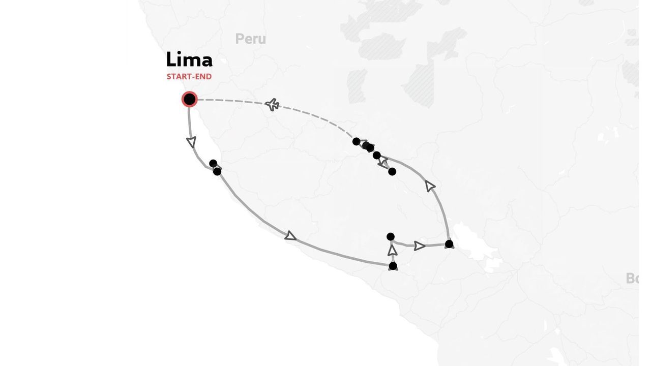 Un itinerario di viaggio in Perù con partenza e arrivo a Lima, con tappe e percorsi di viaggio indicati