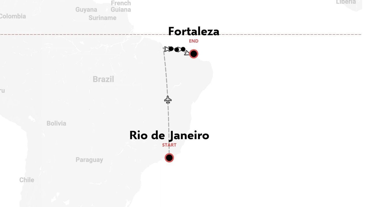 Una mappa dell'itinerario di viaggio in Brasile che mostra una rotta di volo con partenza da Rio de Janeiro e arrivo a Fortaleza