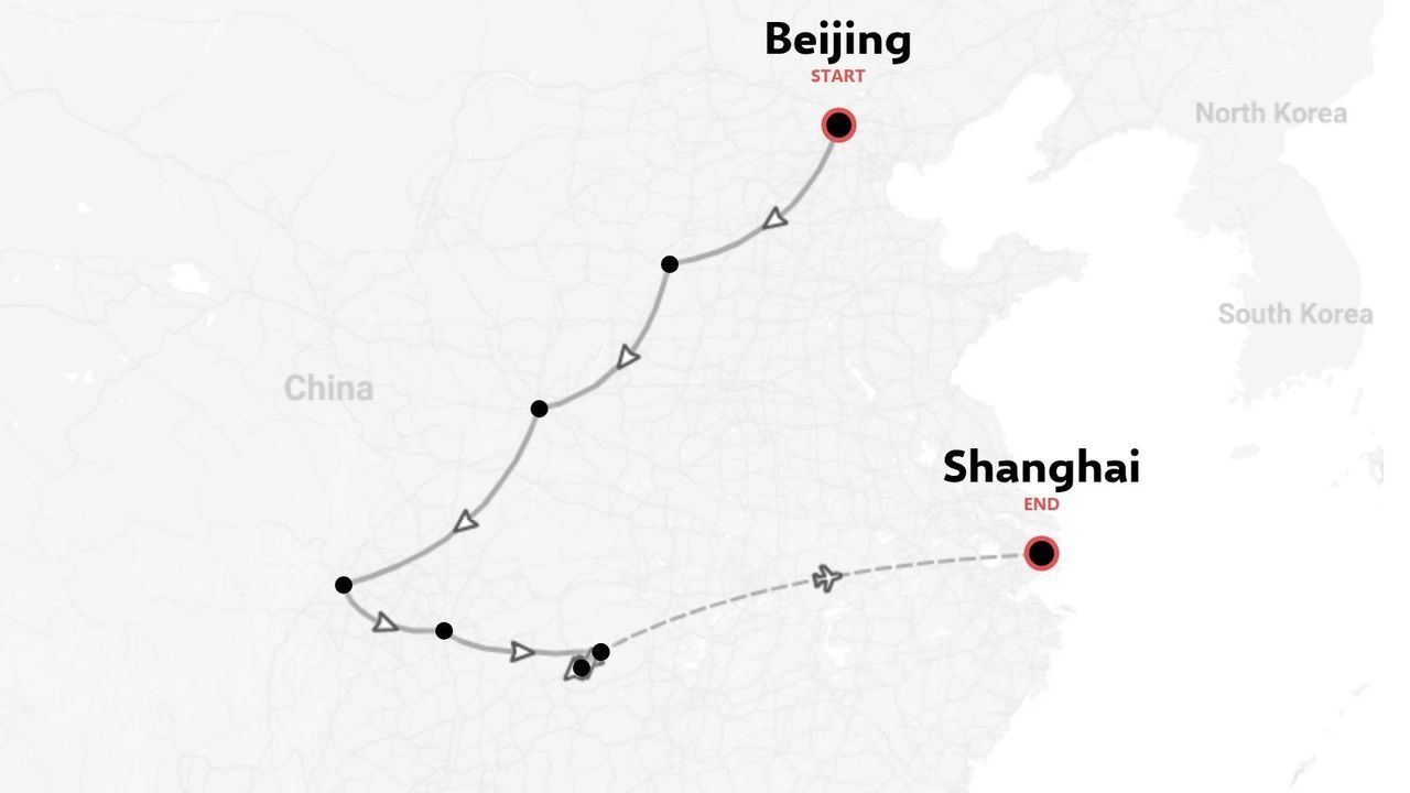 A travel route map across China starting from Beijing and concluding in Shanghai with a flight connection.