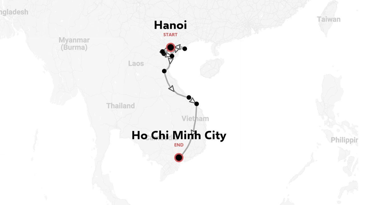 Travel route map across Vietnam starting in Hanoi and ending in Ho Chi Minh City with several marked stops.