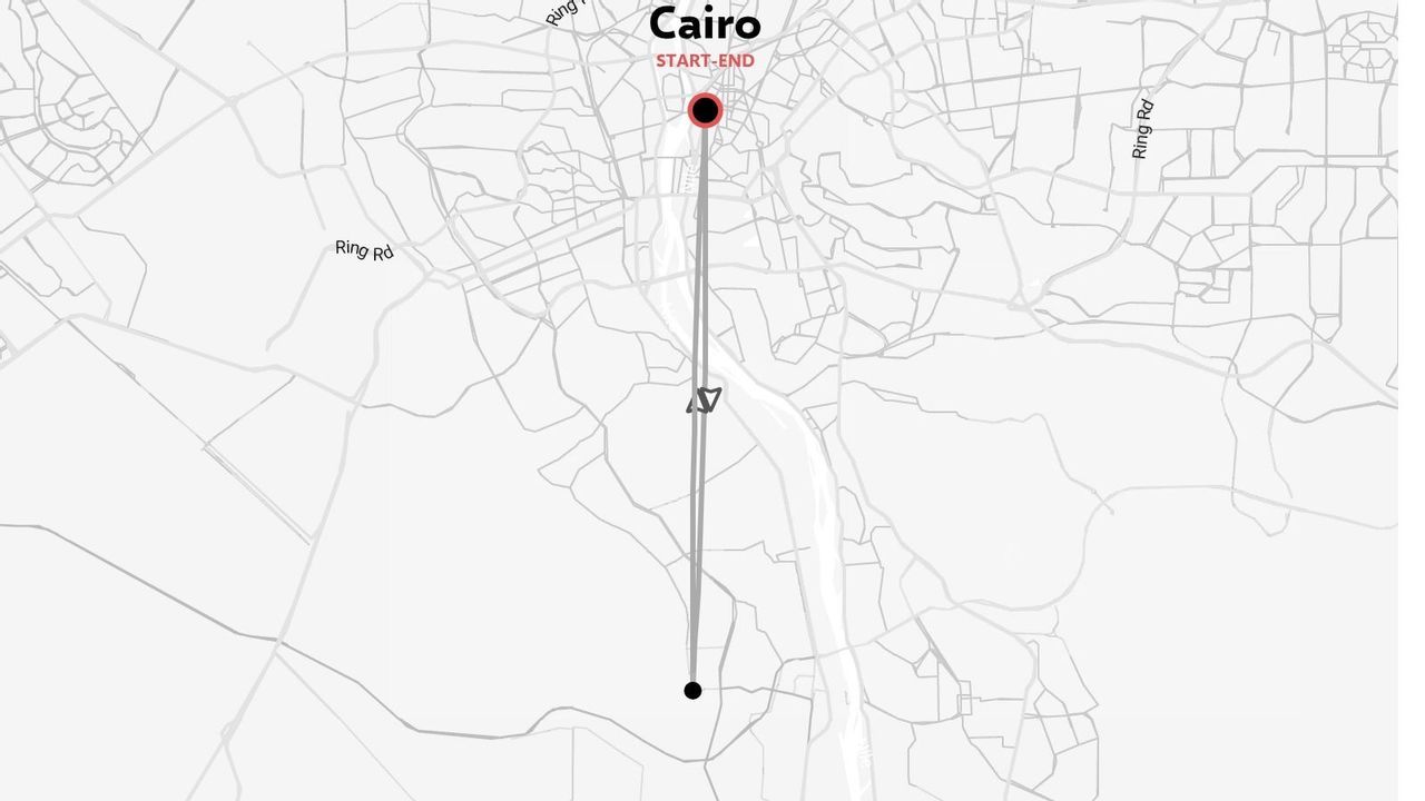 A minimalist map showing a travel route starting and ending in Cairo, marked with a round-trip line.