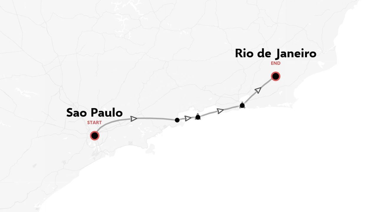 A travel route map showing an itinerary starting in Sao Paulo and ending in Rio de Janeiro along the coast.