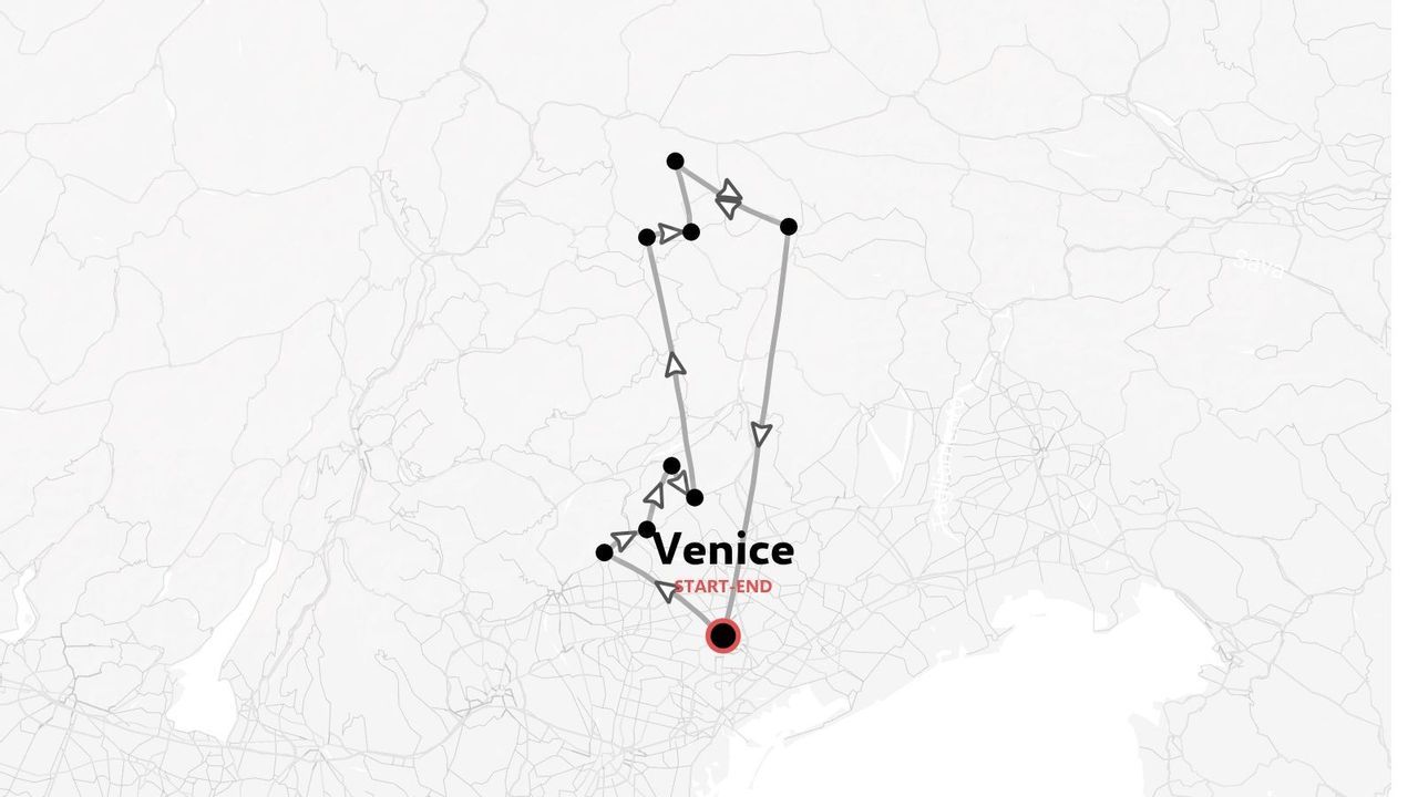 A travel route map looping through multiple destination points with Venice marked as the start and end location.