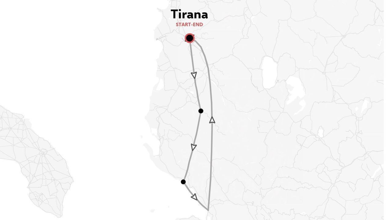 Carte de l'itinéraire de voyage montrant un parcours aller-retour au départ et à l'arrivée à Tirana.