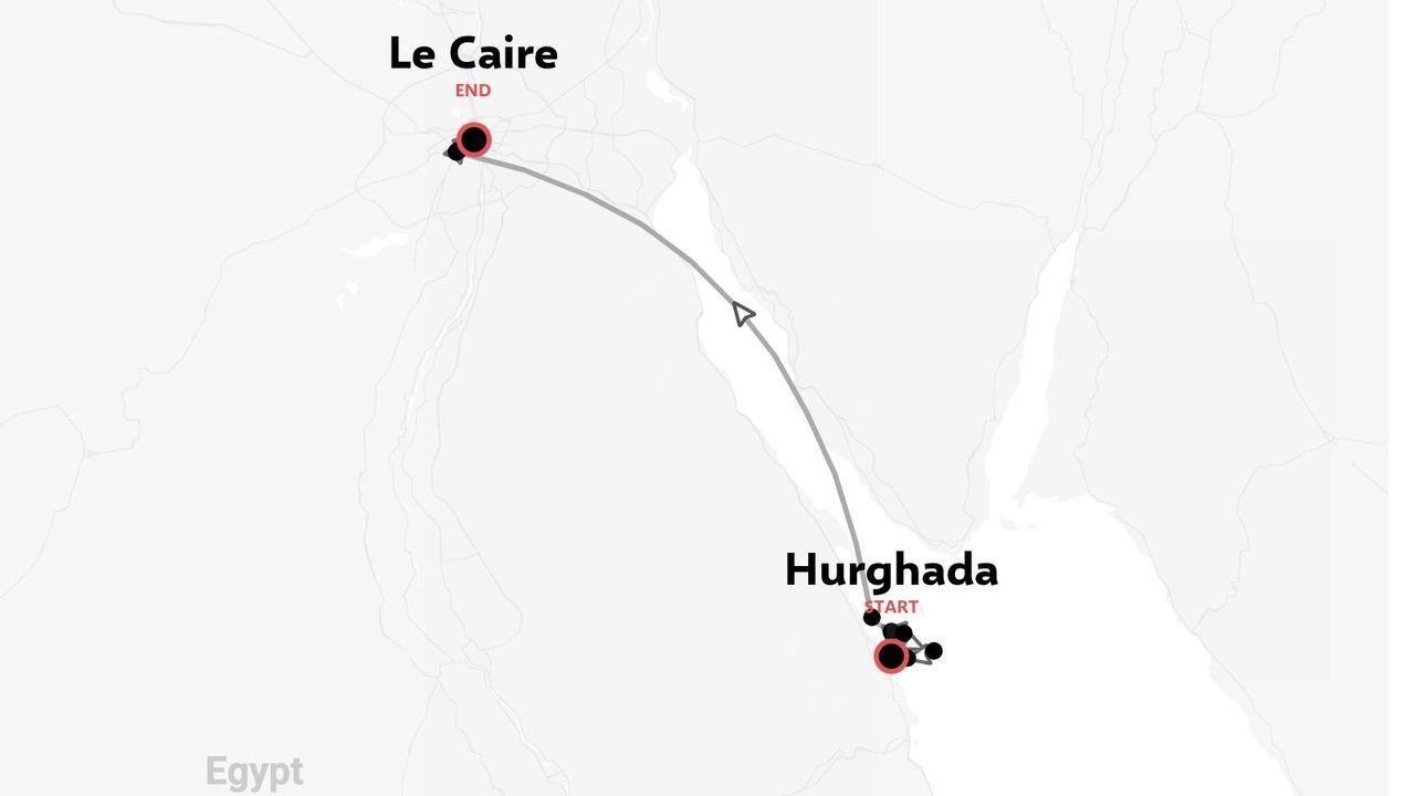 Un itineraire de voyage en Egypte montrant un parcours commencant a Hurghada et se terminant au Caire