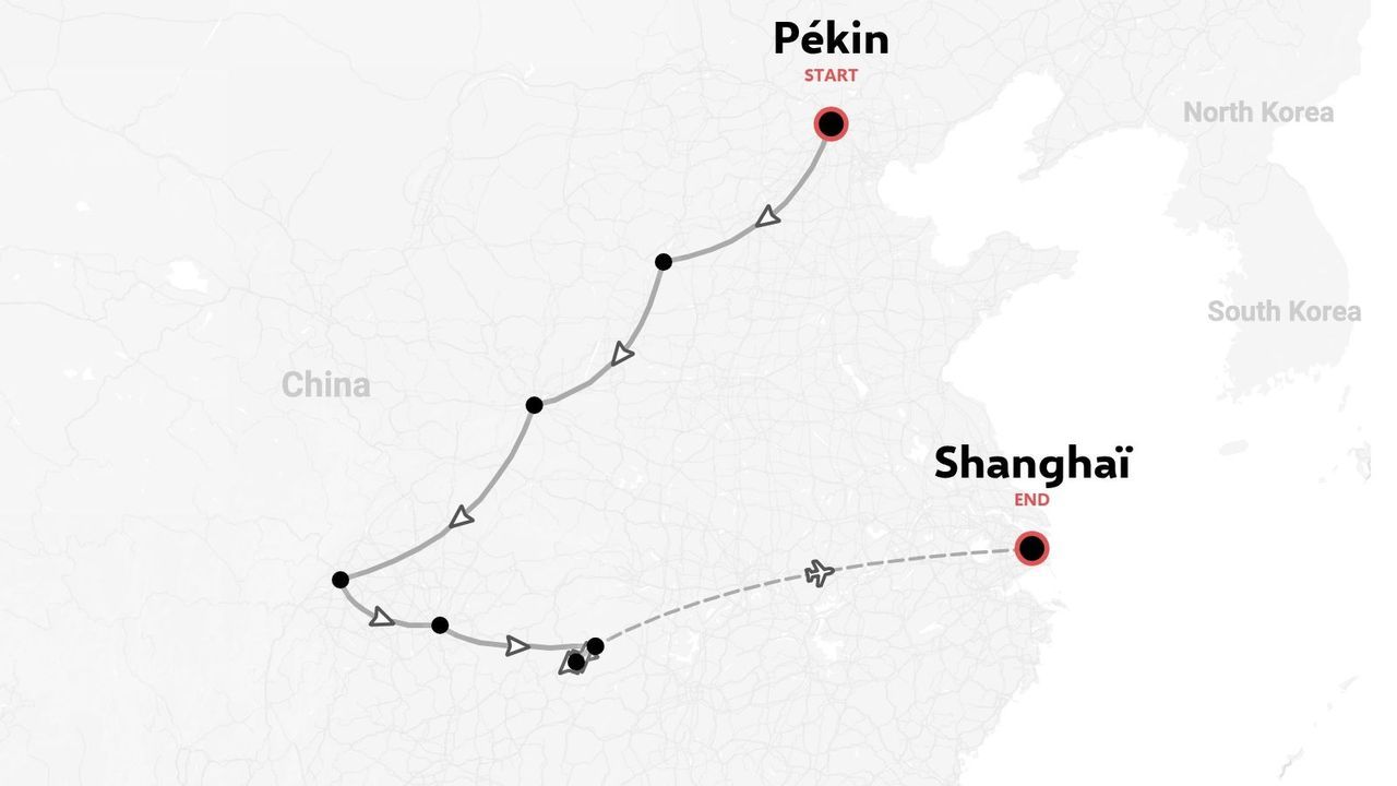 Itinéraire de voyage à travers la Chine de Pékin à Shanghai avec des arrêts marqués en chemin
