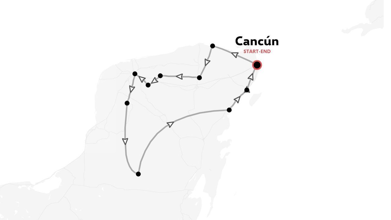 Un itineraire de voyage sur la peninsule du Yucatan avec des points de depart et d'arrivee indiques a Cancun