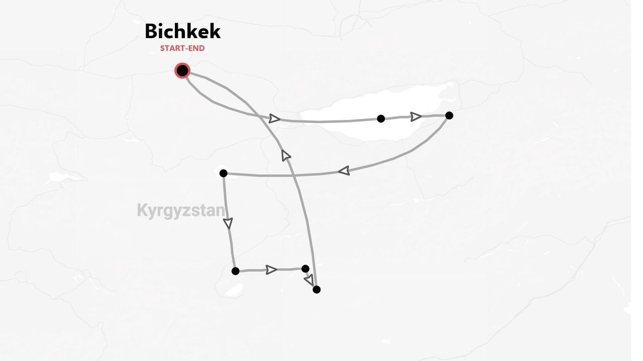 Carte de l'itinéraire de voyage au Kirghizistan affichant un parcours en boucle au départ et à l'arrivée à Bichkek.