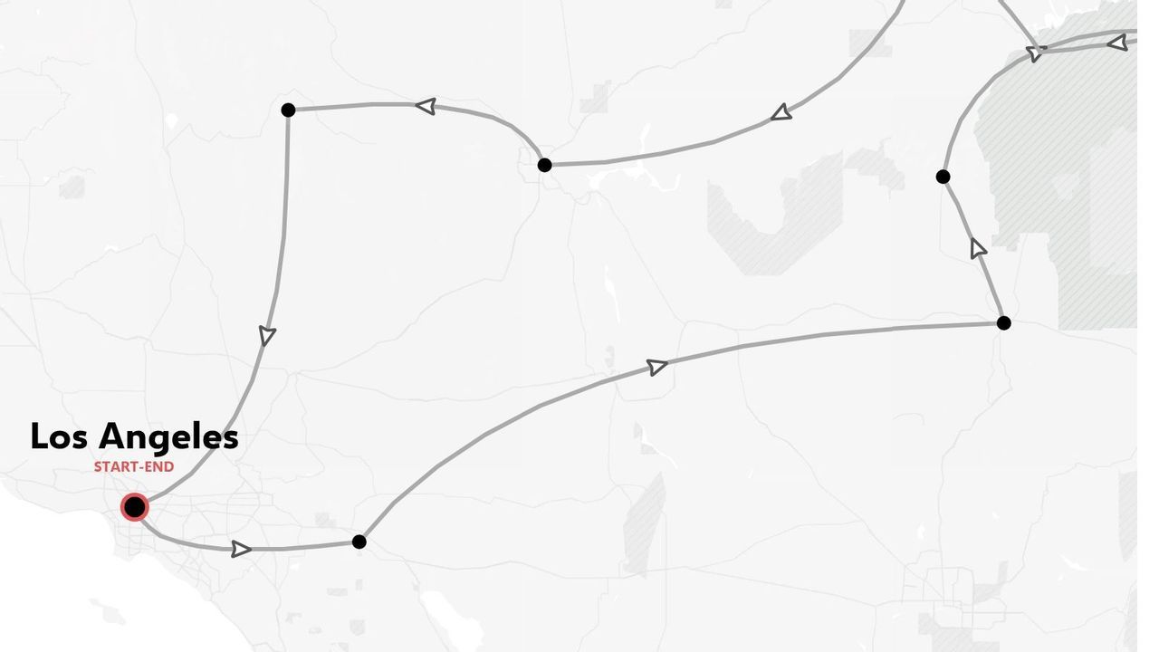 Un itineraire de voyage en boucle au depart et a l'arrivee de Los Angeles avec plusieurs etapes.