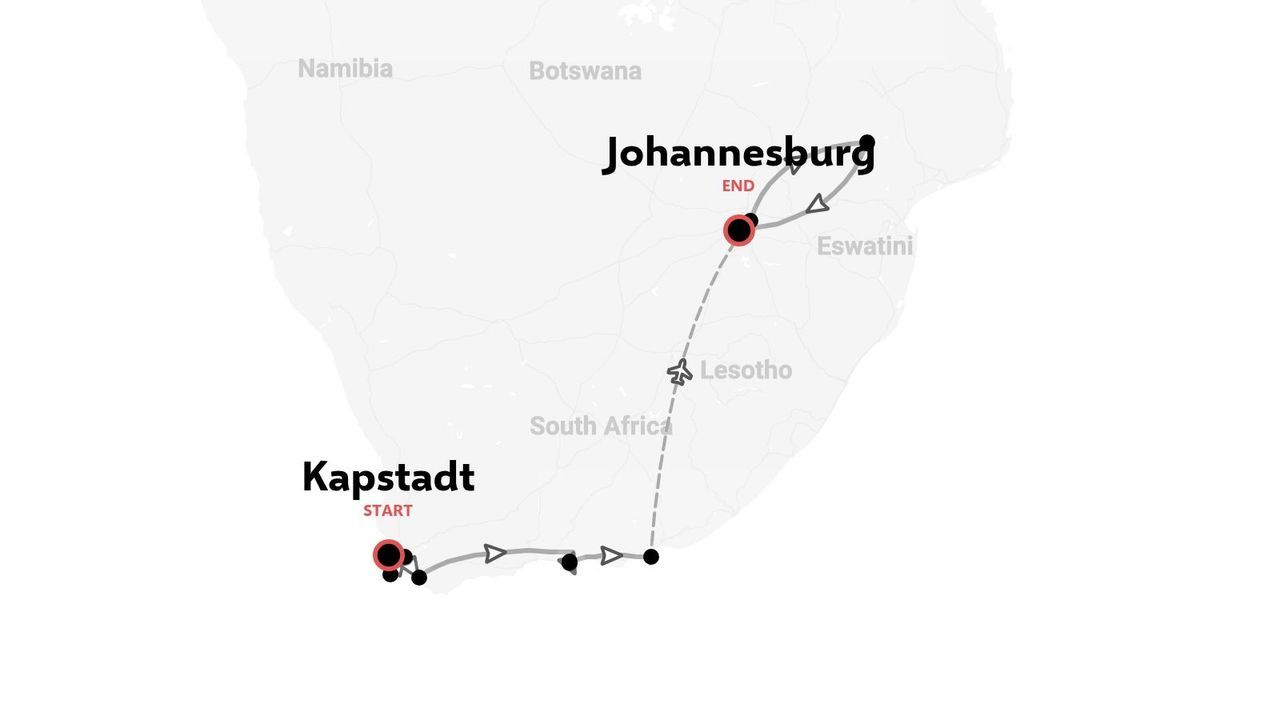 Reiseroute durch Südafrika mit einer Route, die in Kapstadt beginnt und in Johannesburg endet.