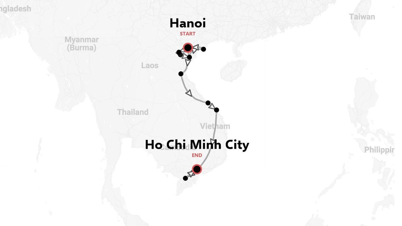 Eine Reiseroute durch Vietnam, die eine Reise von Hanoi nach Ho-Chi-Minh-Stadt zeigt.