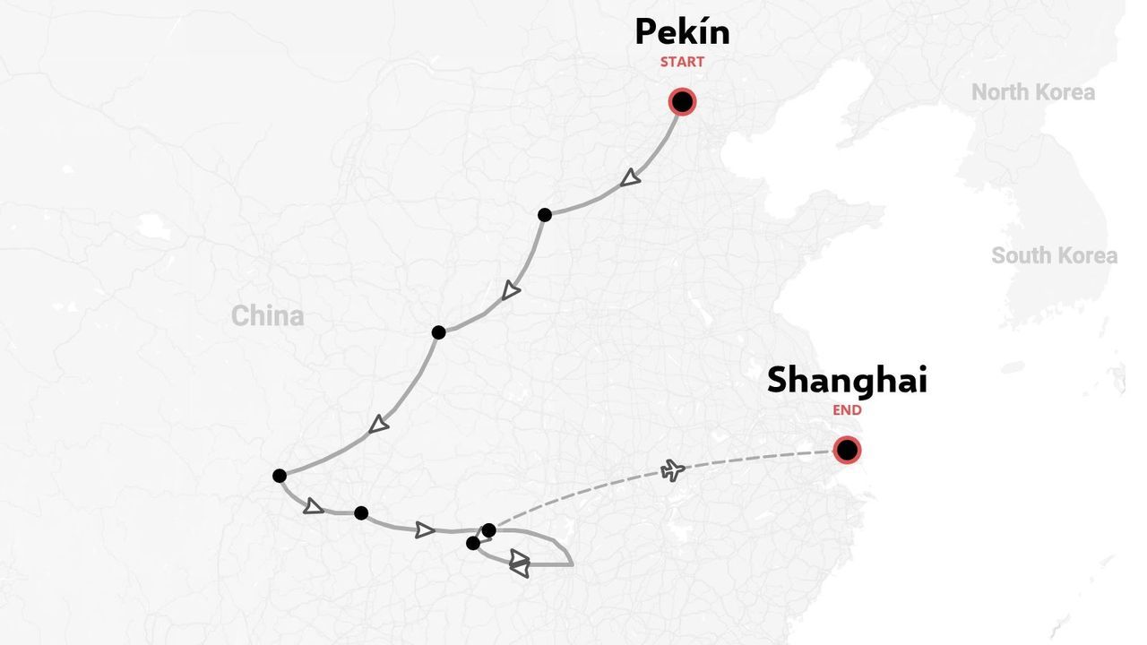 Mapa de ruta de viaje por China comenzando en Pekín y terminando en Shanghái con múltiples paradas de itinerario.